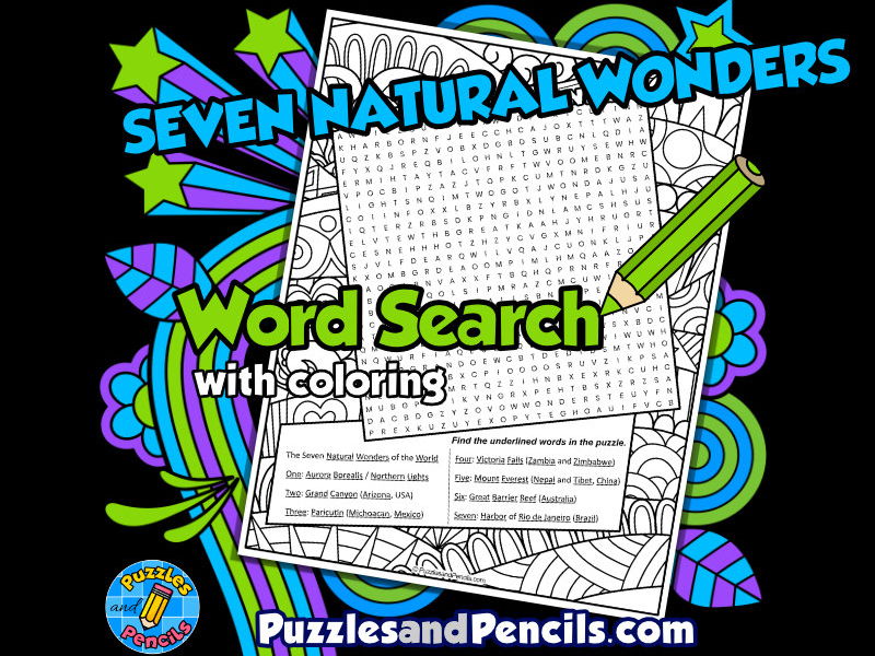 Seven natural wonders of the world word search puzzle with colouring activity teaching resources