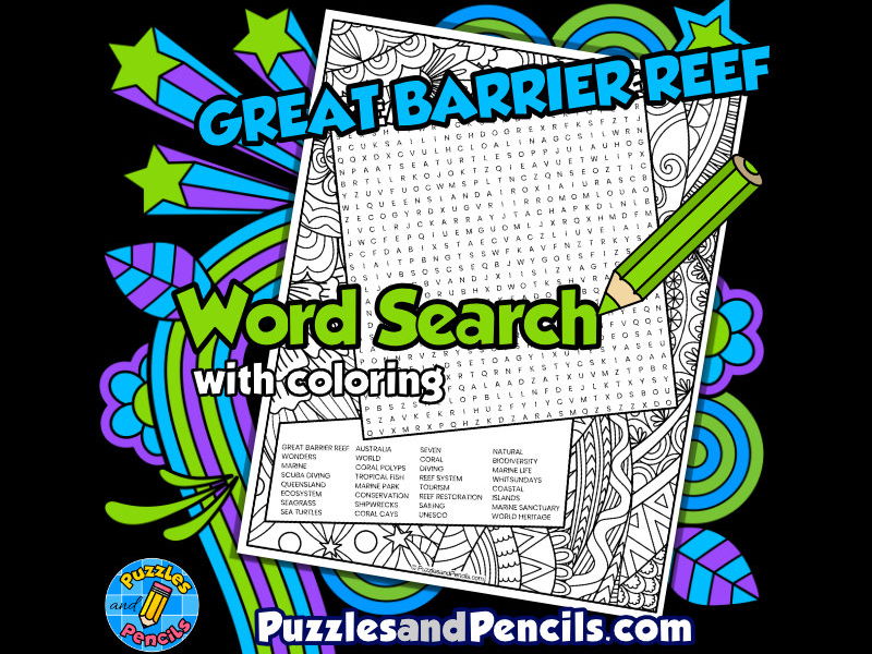 Great barrier reef word search puzzle with colouring seven wonders teaching resources