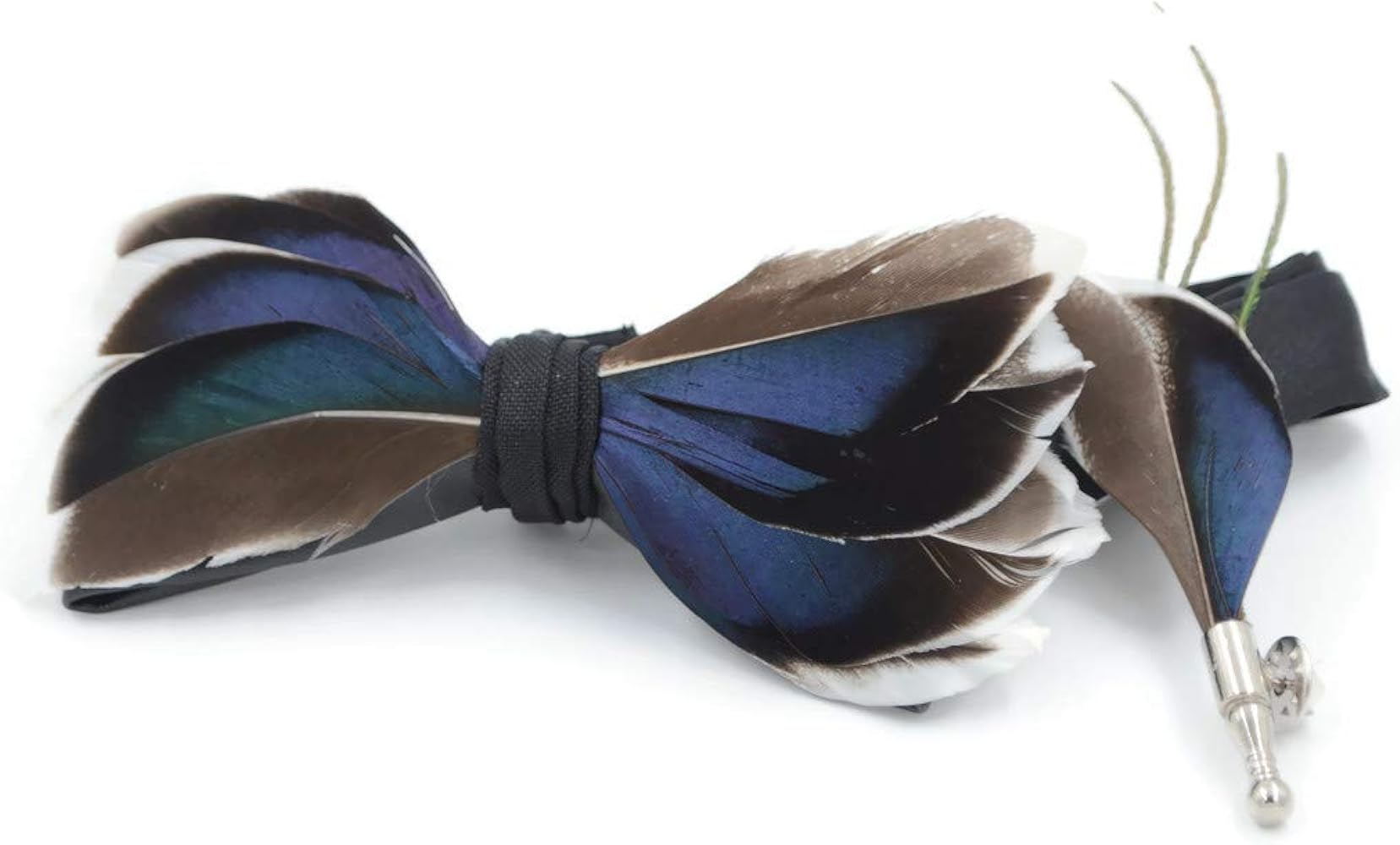 All duck feather bow tie with feather lapel pin set