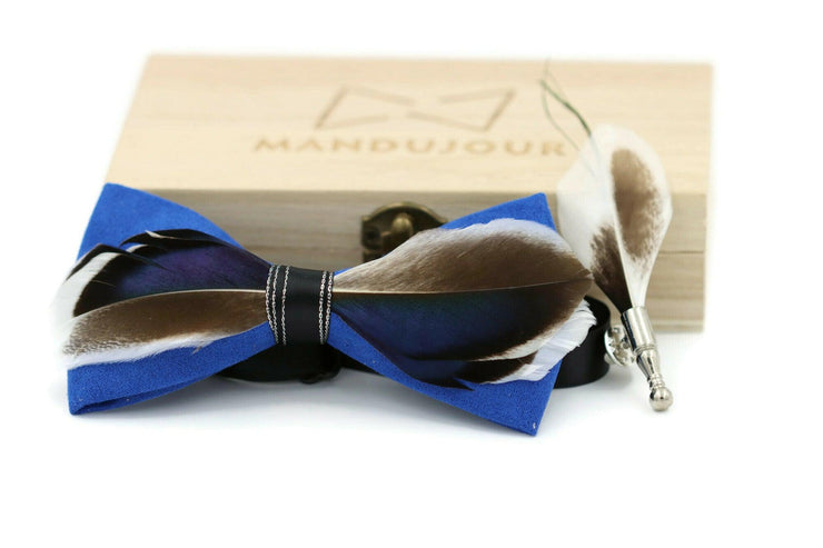 Mallard duck feather bow tie with feather lapel pin set handmade free feather lapel pin gift set for weddings and formal events