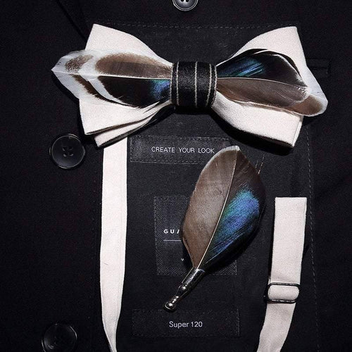 Mallard duck feather bow tie with feather lapel pin set handmade free feather lapel pin gift set for weddings and formal events