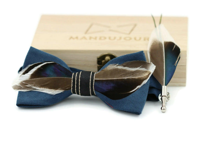 Mallard duck feather bow tie with feather lapel pin set handmade free feather lapel pin gift set for weddings and formal events