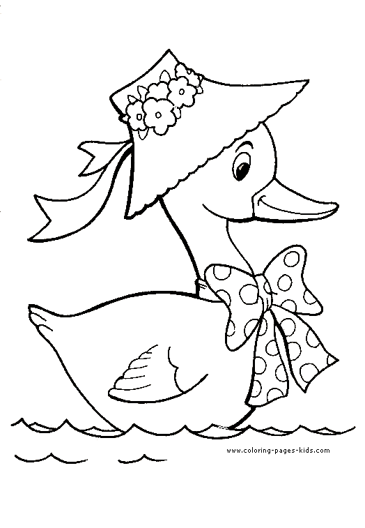 Duck with a bow and hat color page free printable coloring sheets for kids