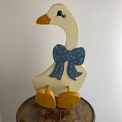 Vintage s wooden hand painted sitting apx white duck goose w blue bow