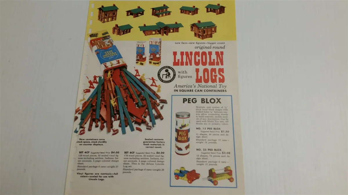 Paper ad color lincoln logs with cowboys indians toy peg blox