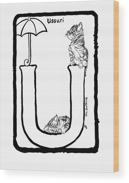 Ussuri cat black and white drawing for coloring book wood print by kim guthrie