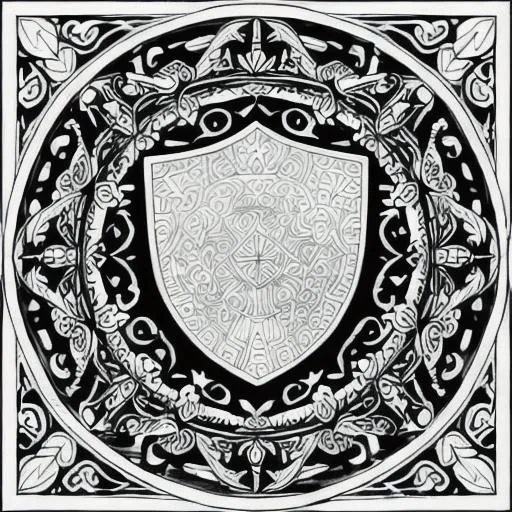 A black and white coloring page of a wooden shield w