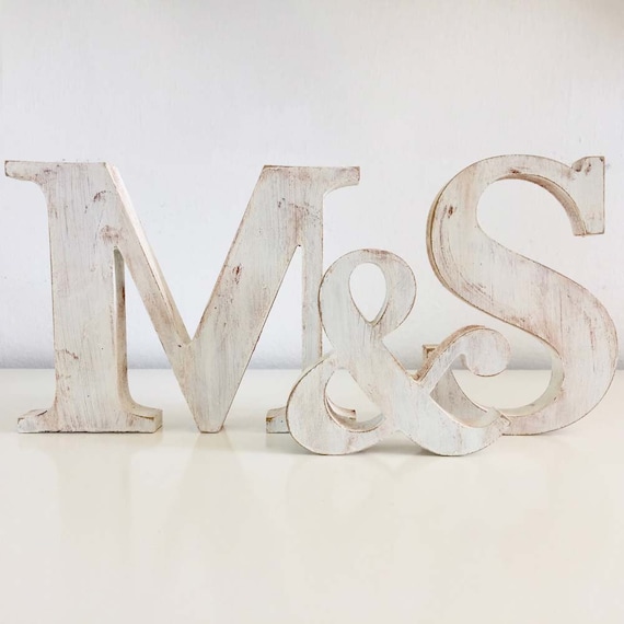Custom wooden letter with pickled finish initials and names wedding guest book table sweet table grooms table decor