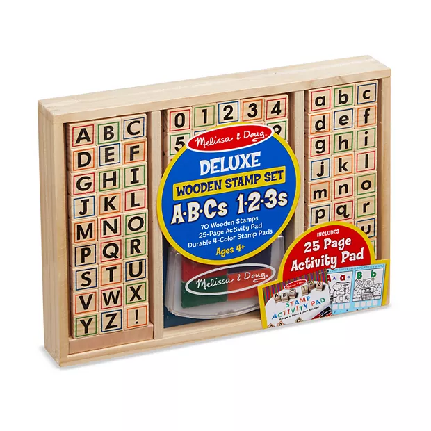 Melissa doug deluxe letters and numbers wooden stamp set abcs s with activity book