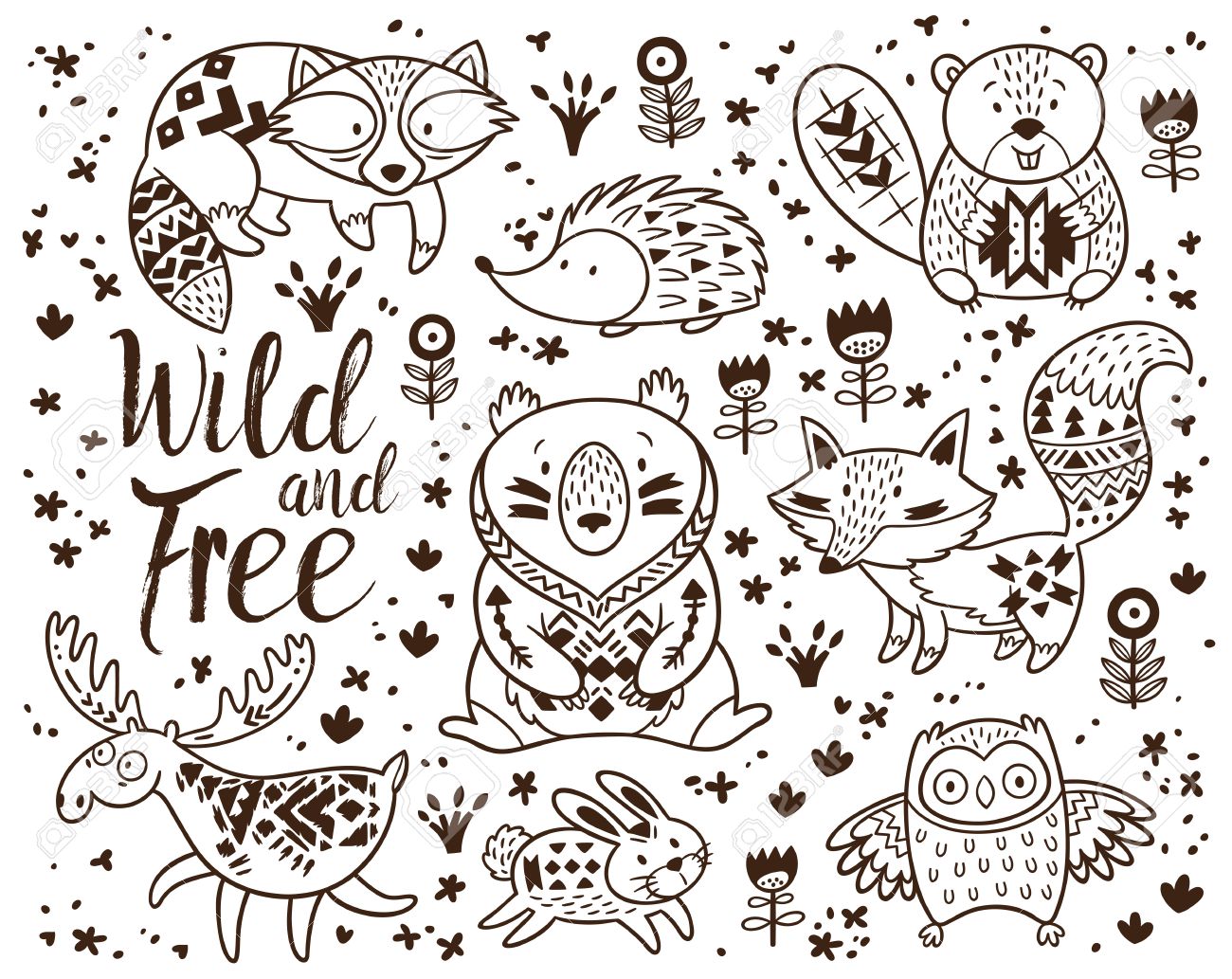 Woodland animal coloring pages for kids hand drawn vector on a white background coloring book ornamental tribal patterned illustration for tattoo poster print tribal animal coollection of deer raccoon beaver and hedgehog