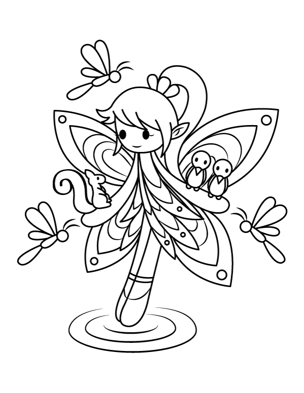 Printable woodland fairy with animals coloring page