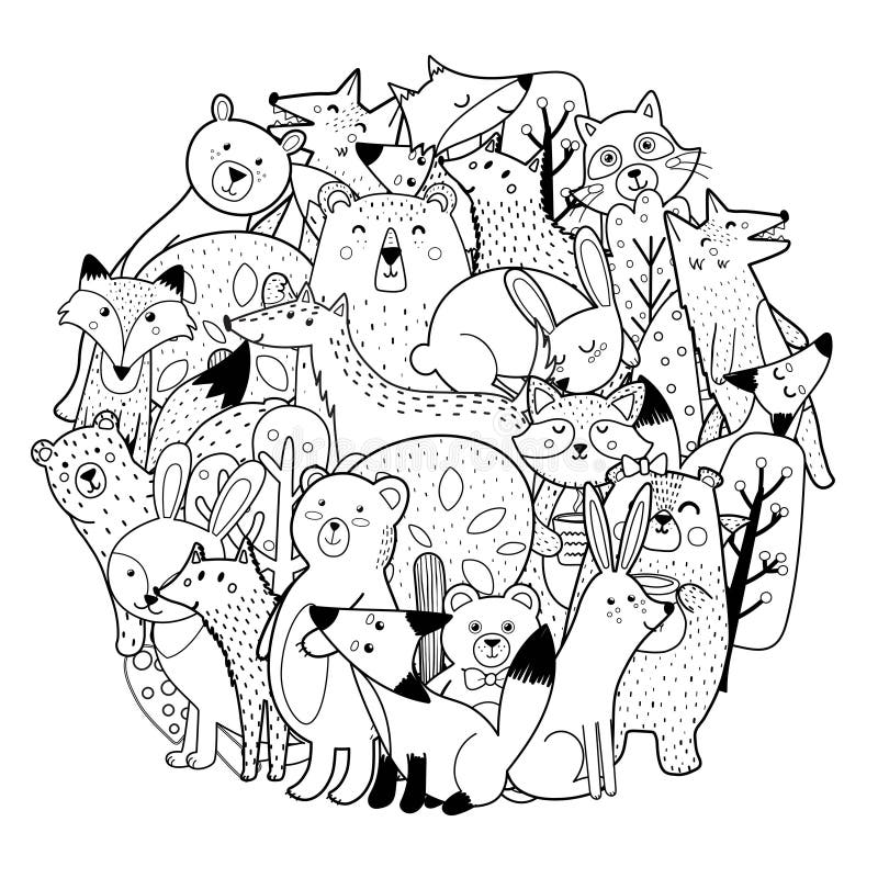 Circle shape coloring page with funny forest characters cute woodland animals stock vector