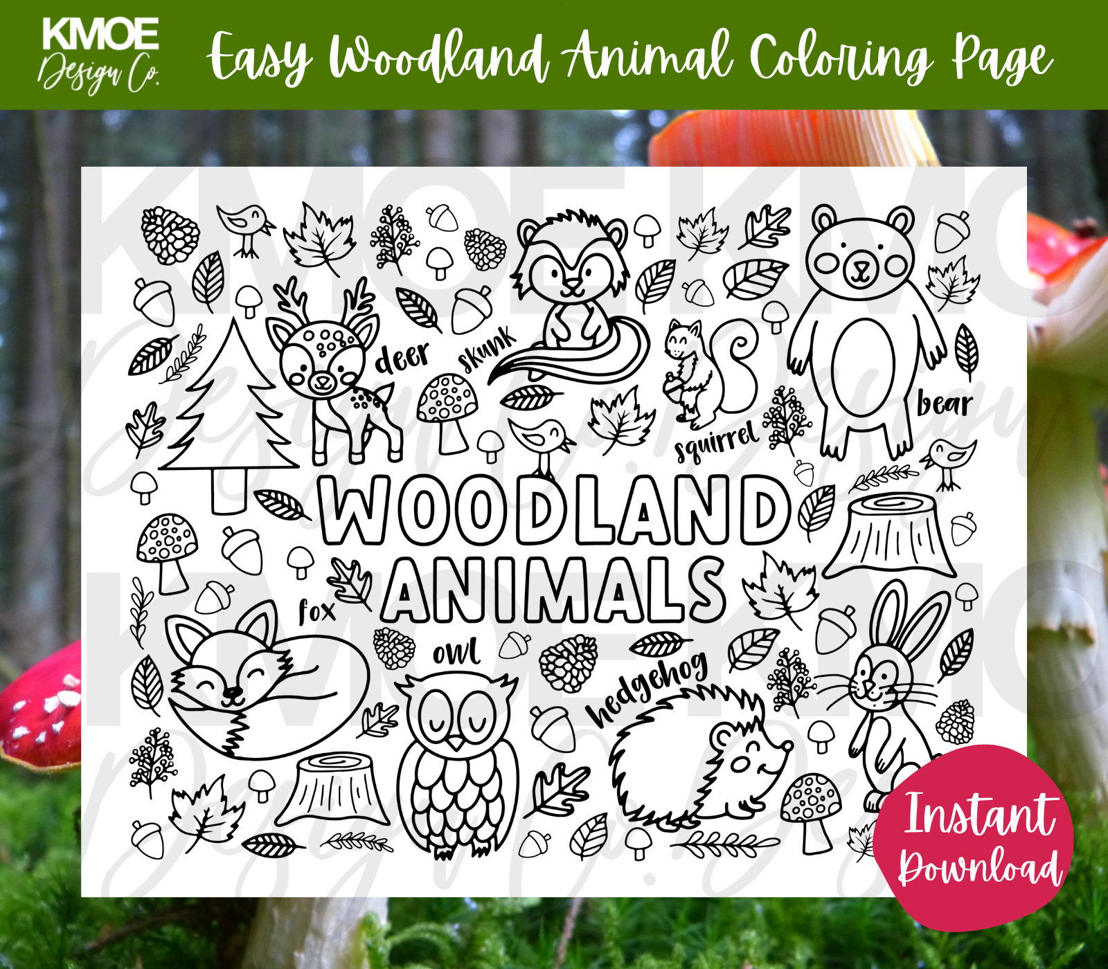 Woodland animal coloring page printable coloring book coloring