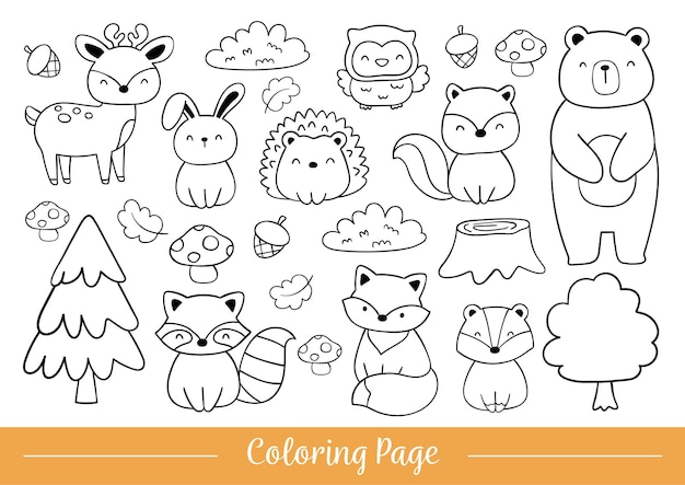 Premium vector draw coloring page woodland animals doodle cartoon style