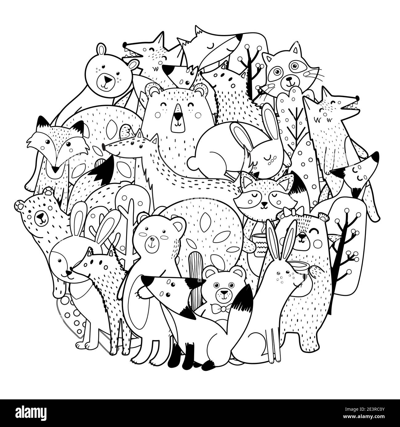 Circle shape coloring page with funny forest characters cute woodland animals stock vector image art