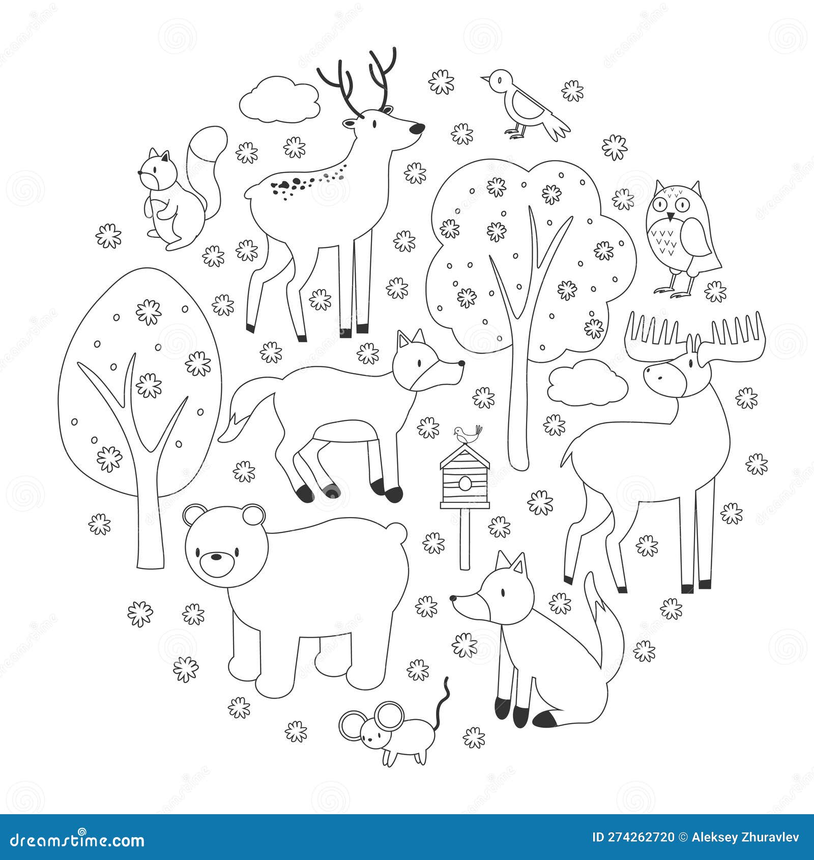 Cute forest animals circle shape for coloring book woodland characters stock vector