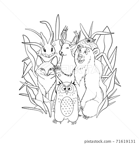 Kids coloring page with cute woodland animals