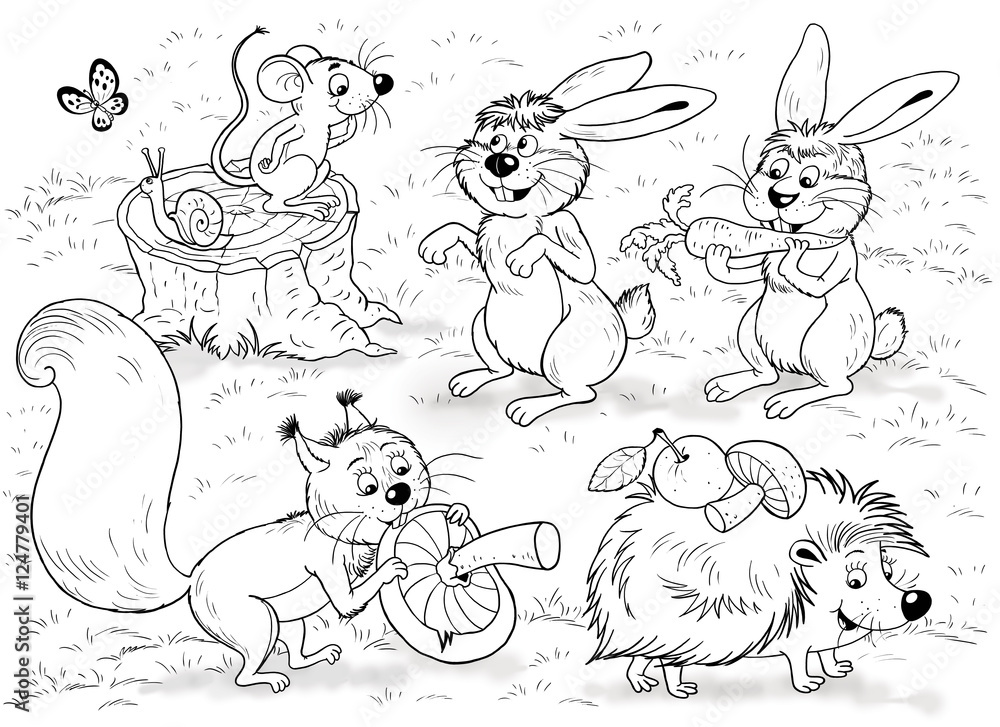 At the zoo little cute forest animals woodland animals cute mouse squirrel hares snail and hedgehog illustration for children coloring book coloring page funny cartoon characters illustration