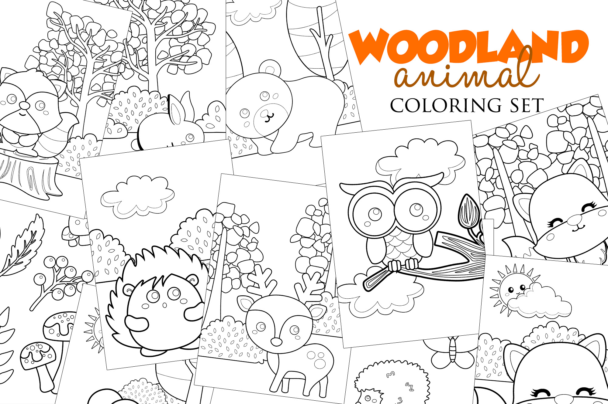 Woodland forest nature animals owl bear fox deer porcupine coloring pages for kids and adult