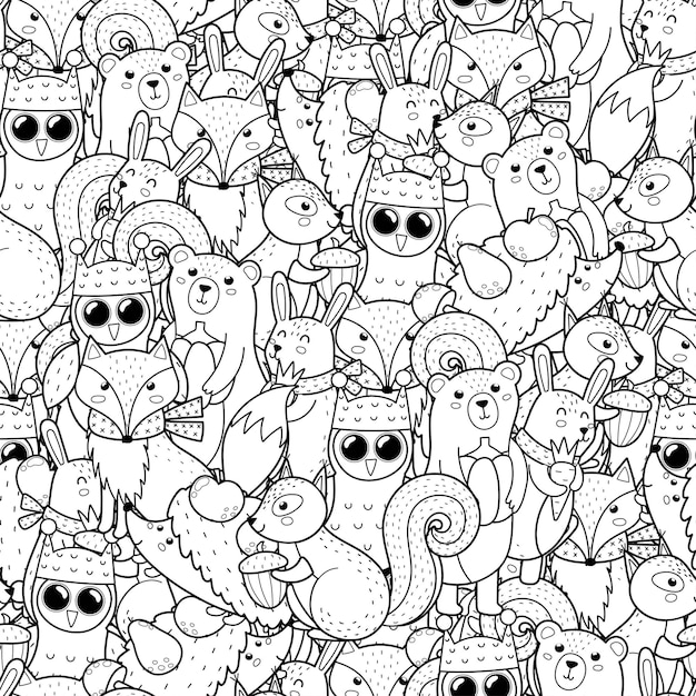 Premium vector cute woodland animals seamless pattern for coloring book autumn forest characters black and white