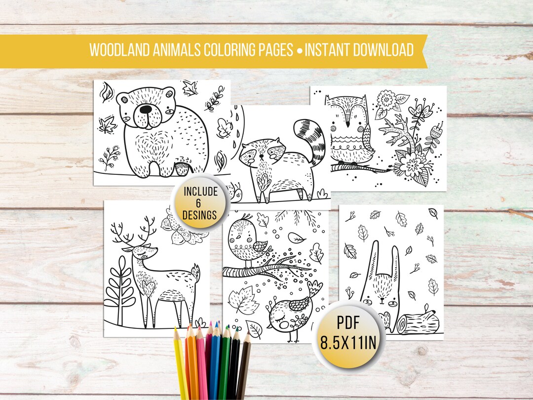 Printable woodland coloring pages for kids kids animal activity woodland animals kids coloring sheets woodland creatures kids party games instant download