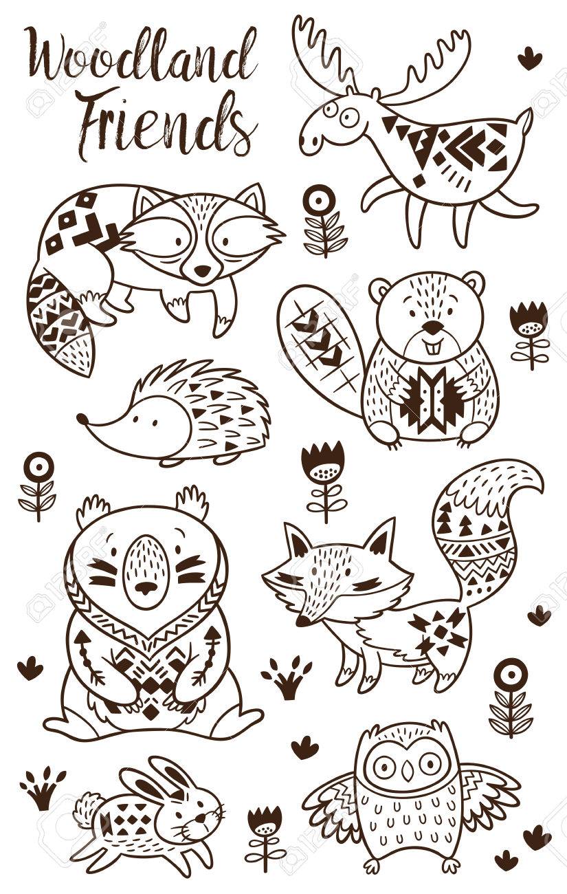 Woodland animal coloring pages for kids hand drawn vector on a white background coloring book ornamental tribal patterned illustration for tattoo poster print tribal animal coollection of deer raccoon beaver and hedgehog