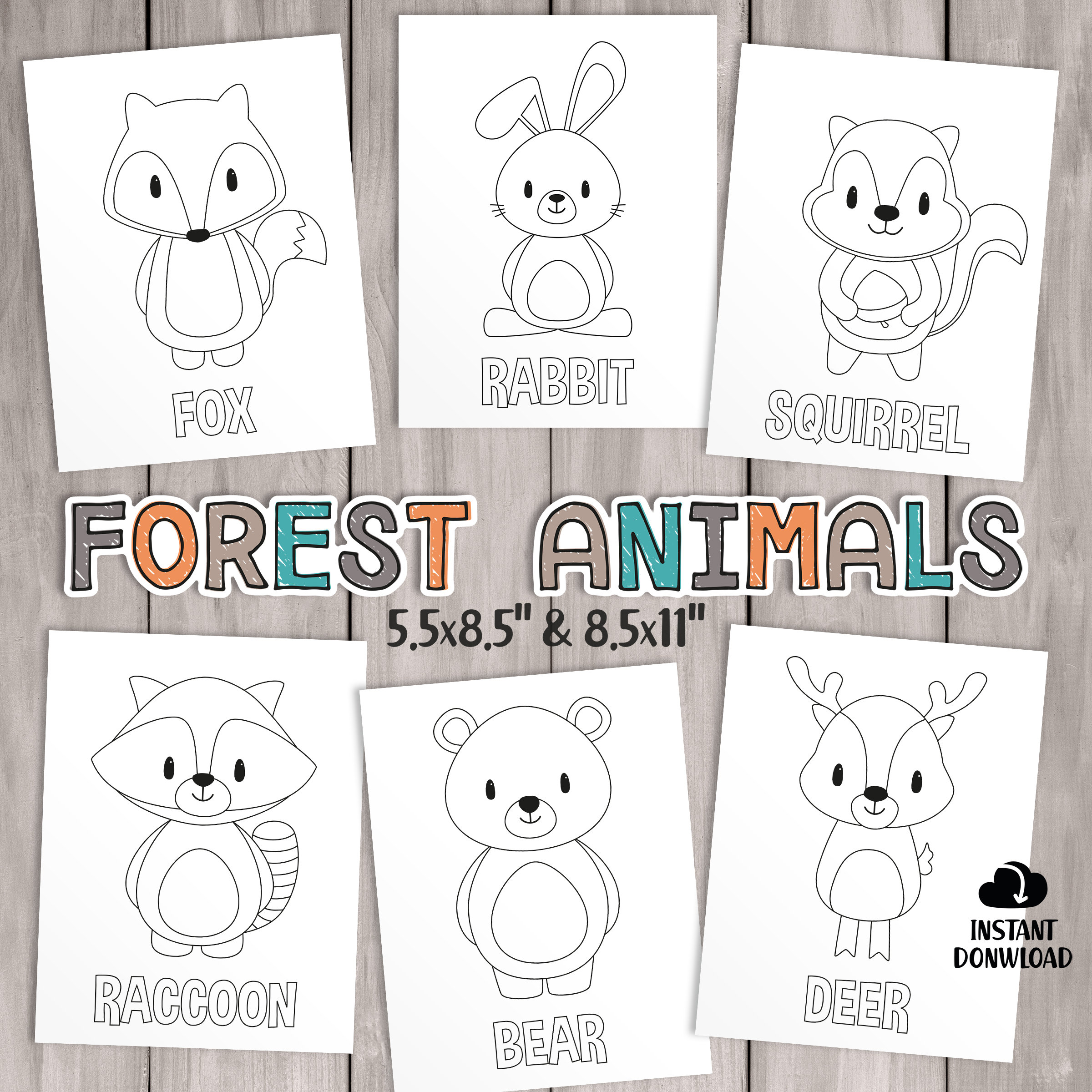 Printable woodland coloring pages kids party games forest birthday favor animal coloring sheet baby shower activities school teacher games