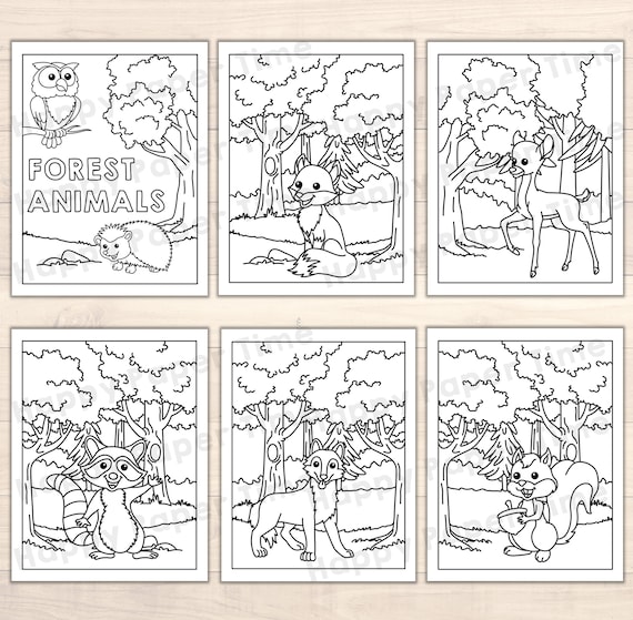 Forest animals coloring pages woodland theme printable art activity for kids forest birthday party favor pdf file instant download download now