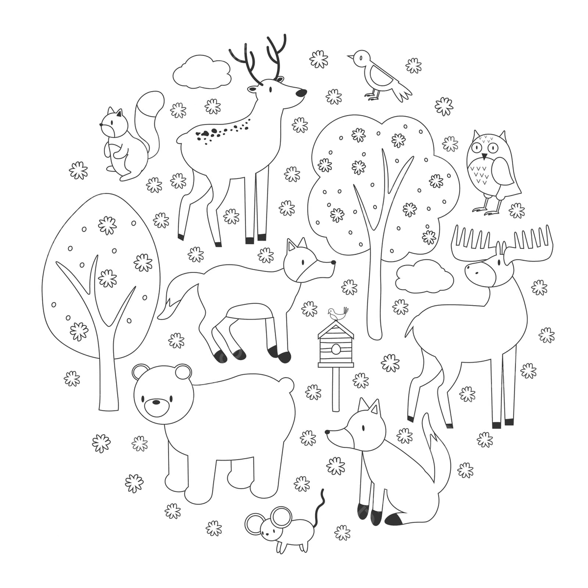 Woodland animal circle coloring book with owl fox deer and more vector background adults line png and vector with transparent background for free download