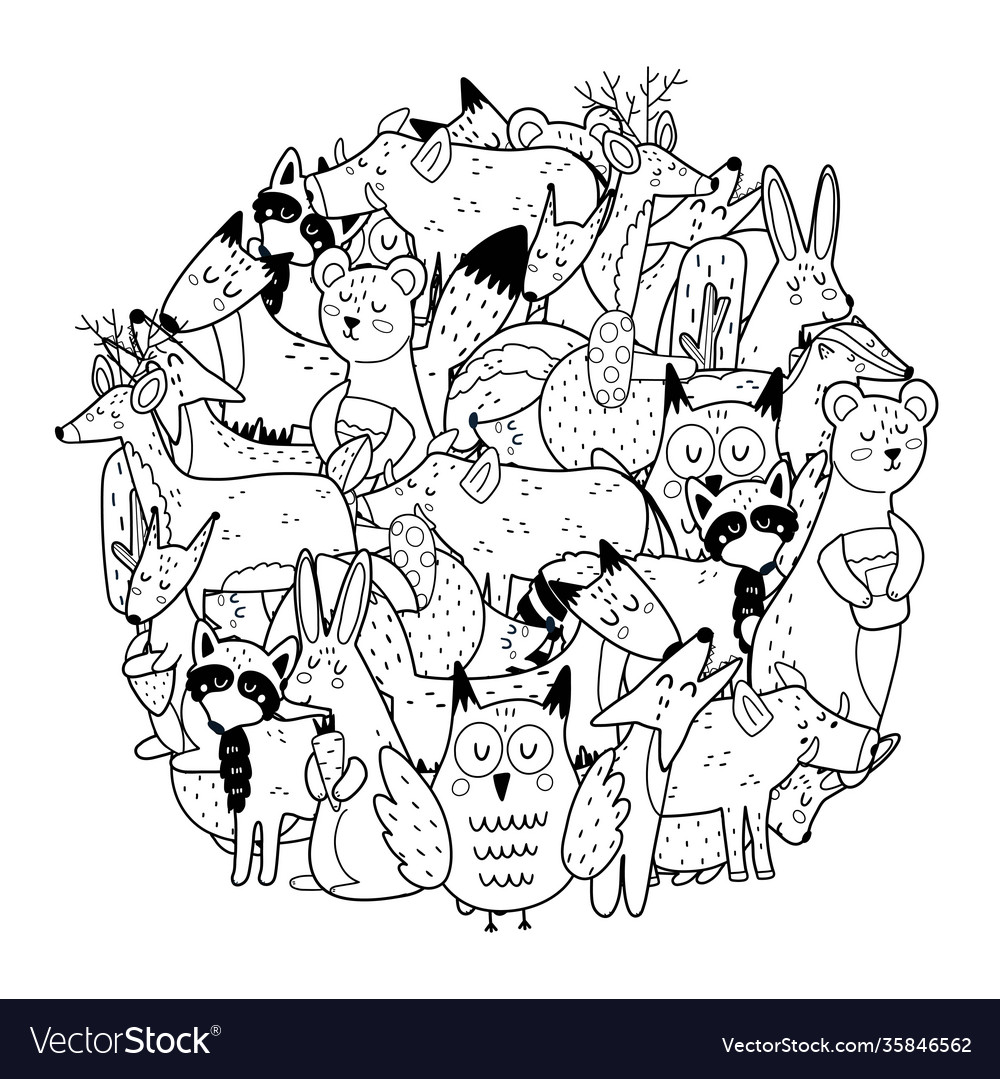 Circle shape coloring page with woodland animals vector image