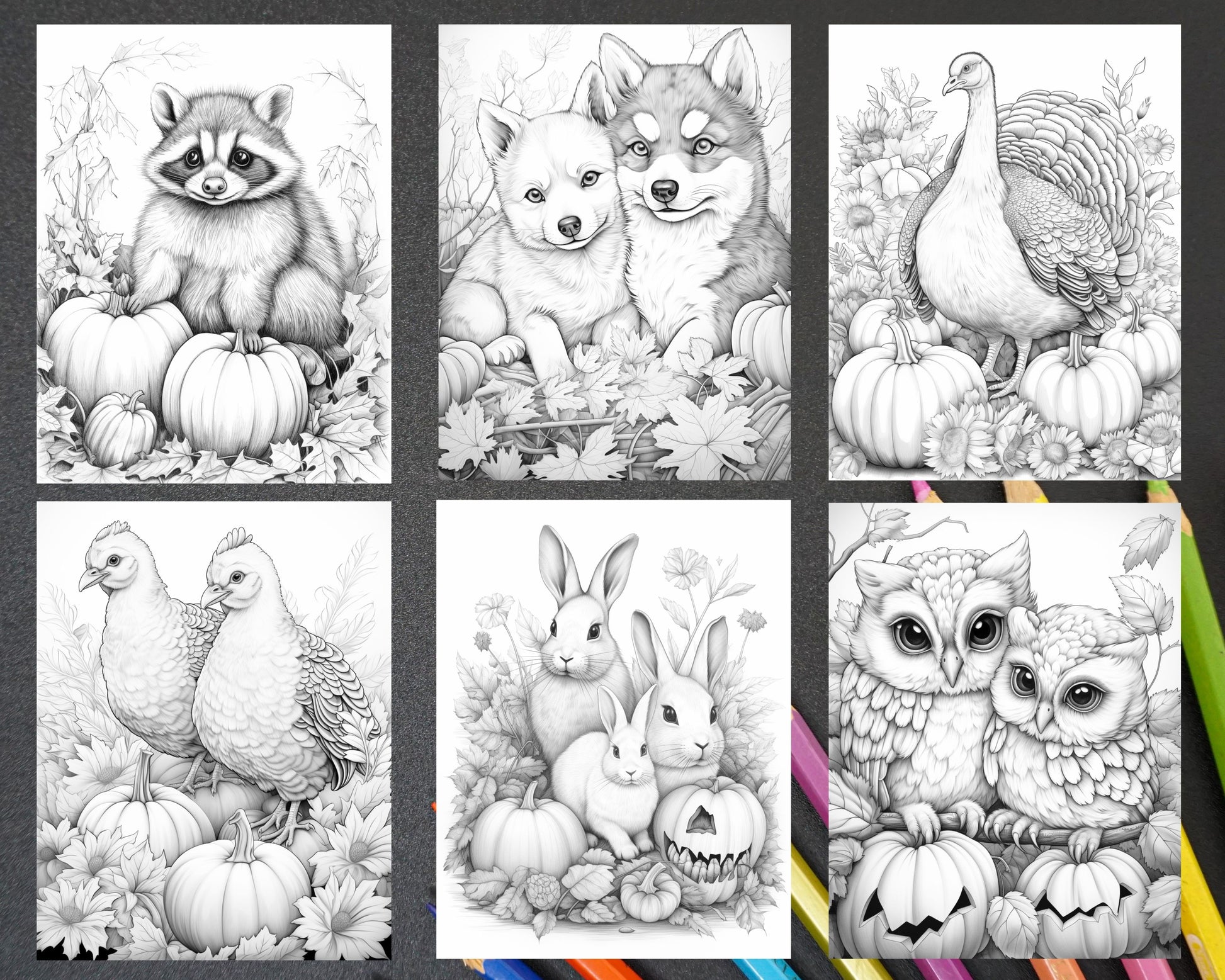 Autumn animals grayscale coloring pages for adults and kids printable â coloring