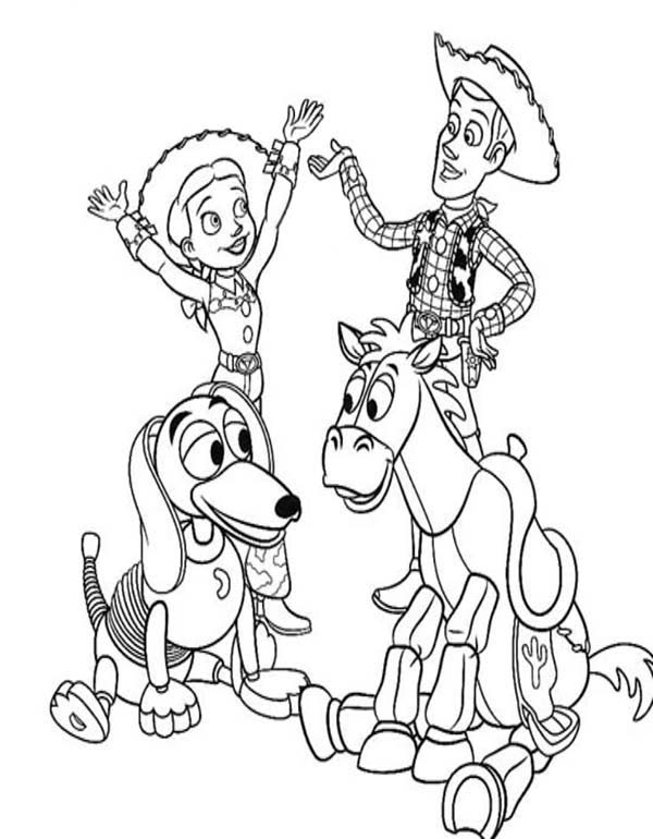 Woody jessie and bullseye toy story coloring page