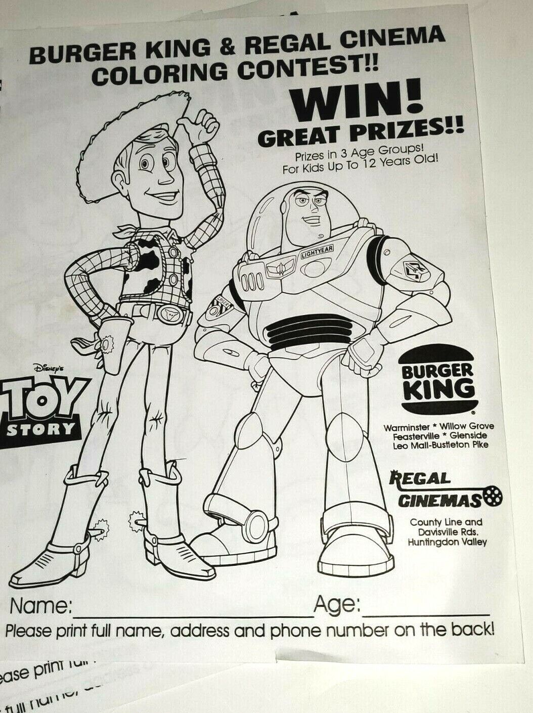 Disney toy story burger king regal cinemas coloring pages lot of buzz woody