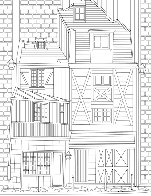 Premium vector coloring page with big old wooden house with lanterns around sheet to be colored with huge building made by wood with lots of windows woody home with lamps