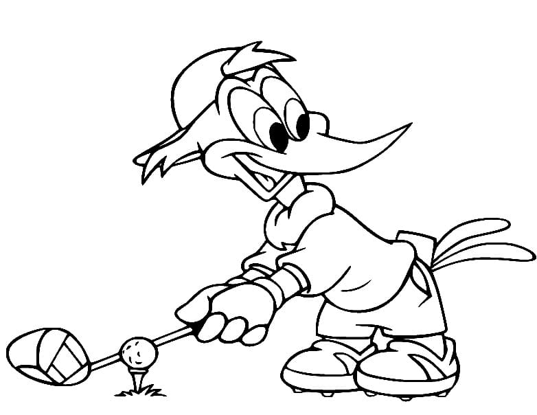 Woody woodpecker is playing golf coloring page