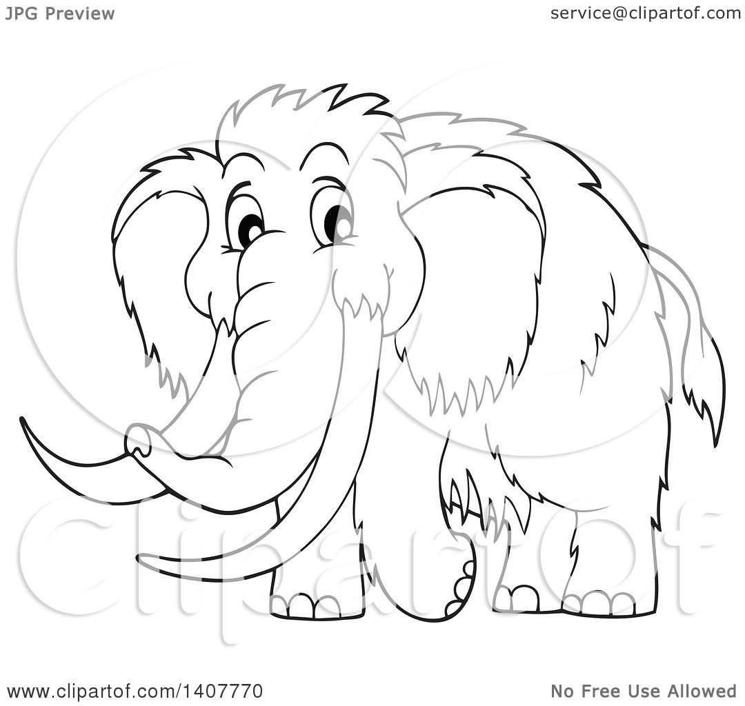 Clipart of a black and white lineart happy woolly mammoth