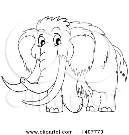 Clipart of a black and white lineart happy woolly mammoth