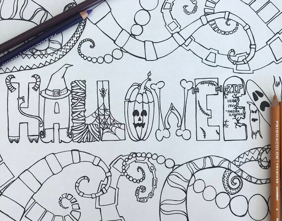 Halloween word coloring page detailed coloring page printable adult coloring relaxing art geometric holiday word art