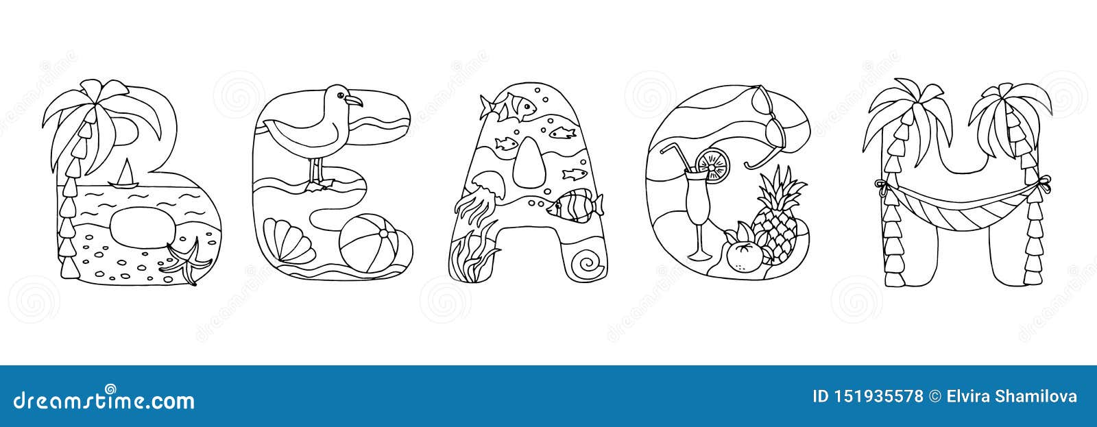 Doodle coloring page word beach stock illustration