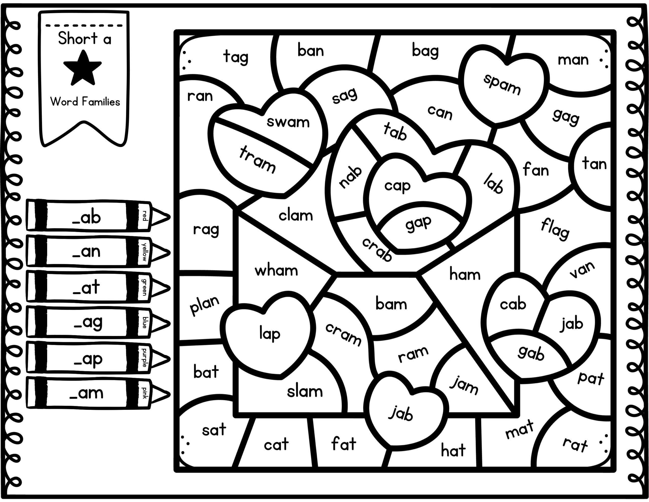 Valentines day word families short vowel a coloring activities made by teachers