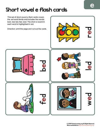 Ed word family flashcards short e sound