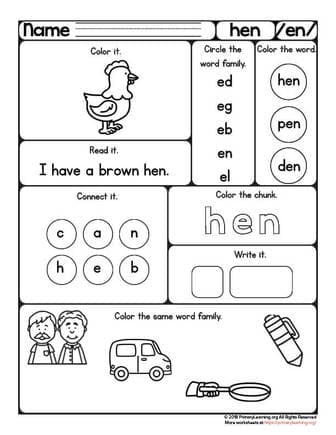 Hen worksheet en word family