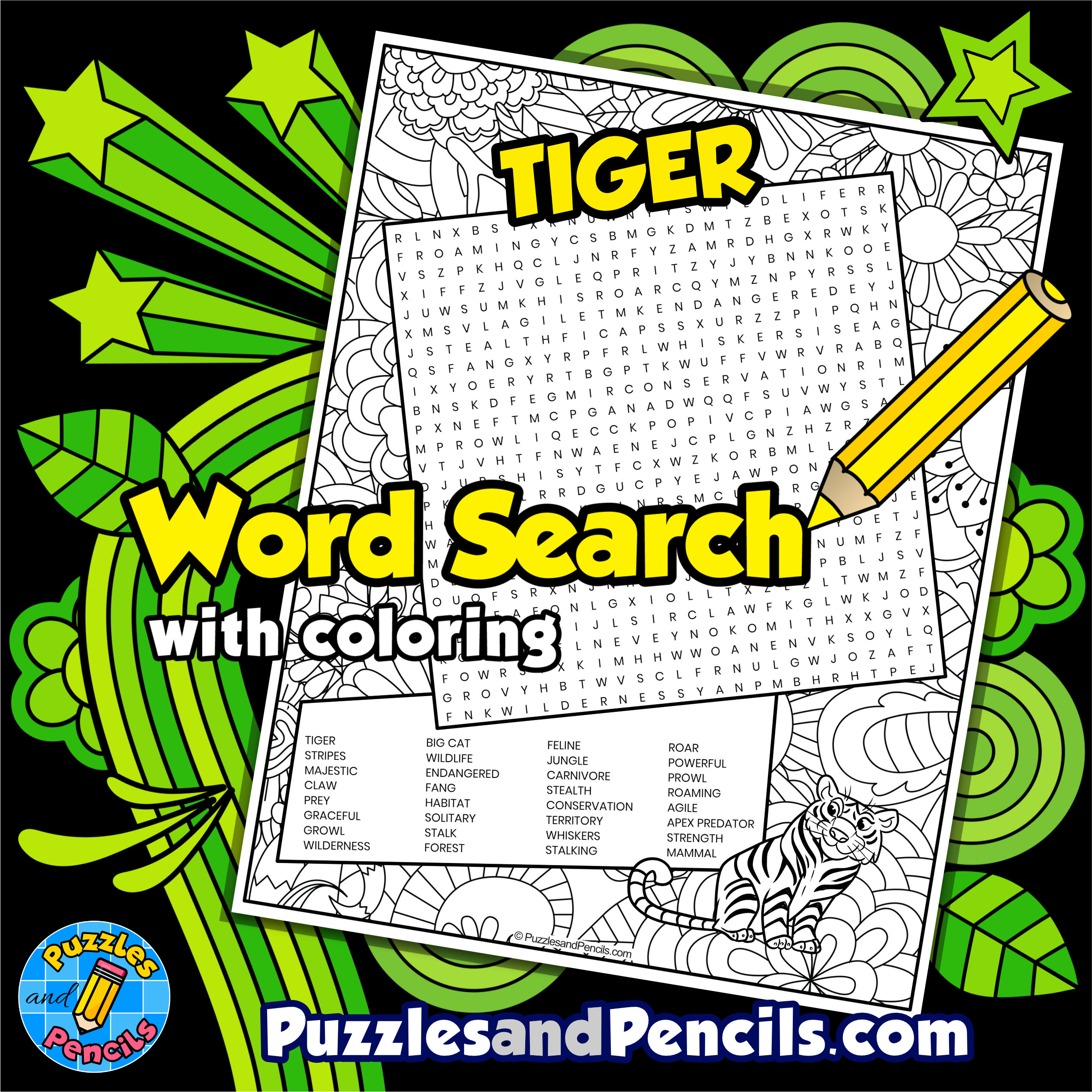 Tiger word search puzzle activity with coloring wordsearch made by teachers