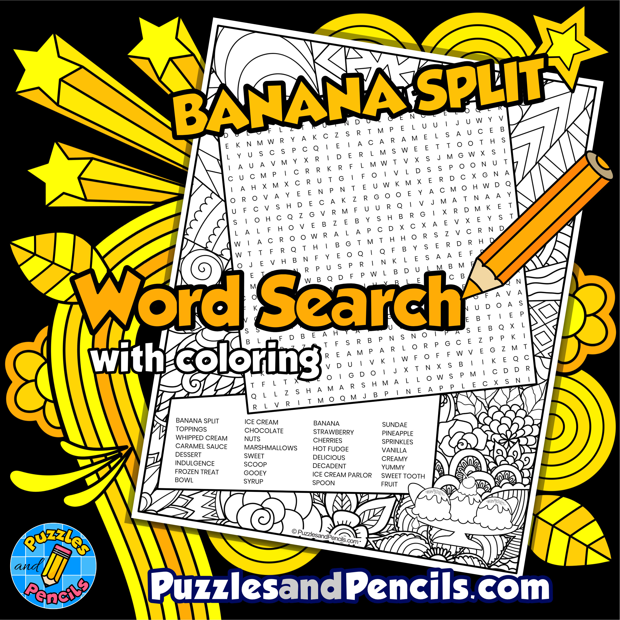 Banana split word search puzzle with coloring wordsearch made by teachers