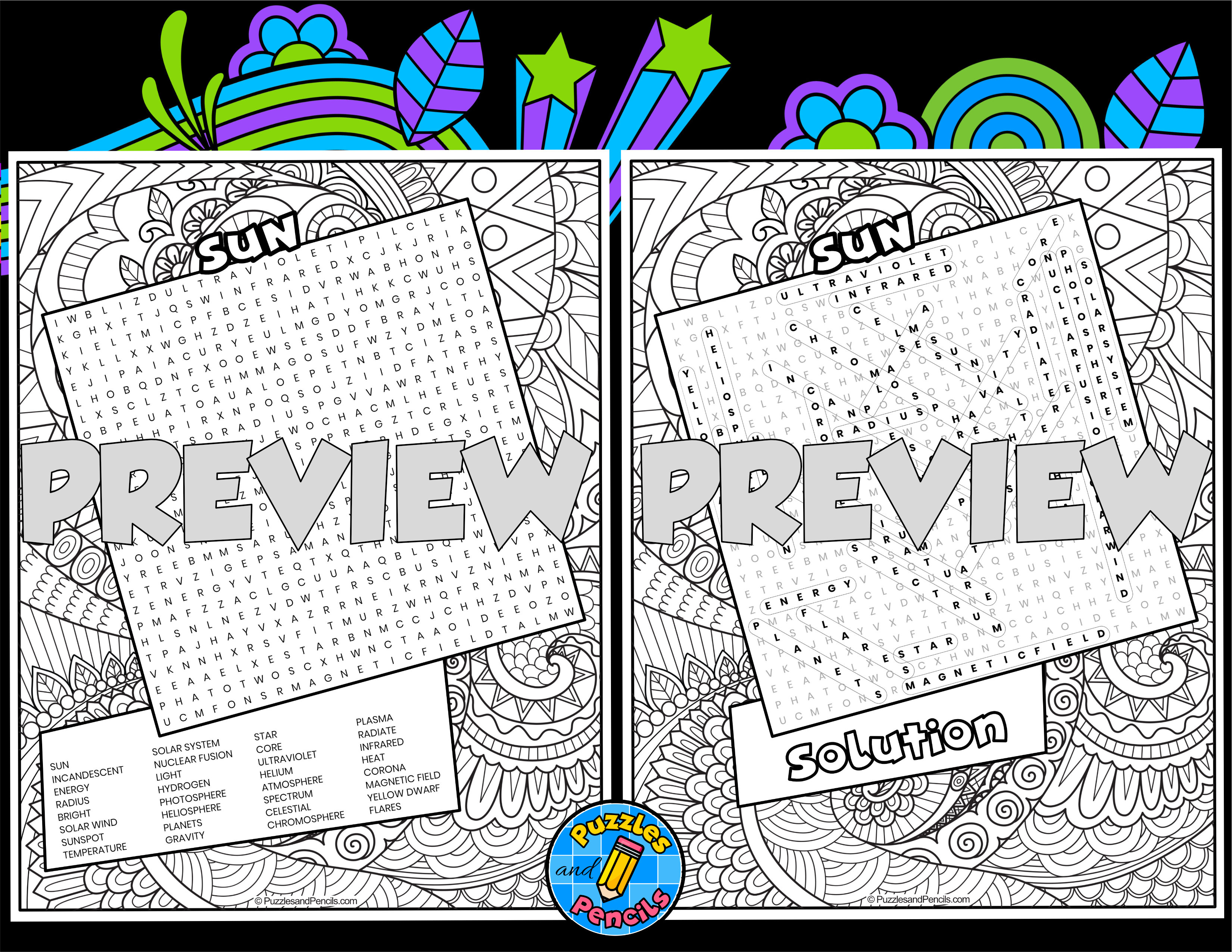 Sun word search puzzle activity page with colouring solar system wordsearch teaching resources