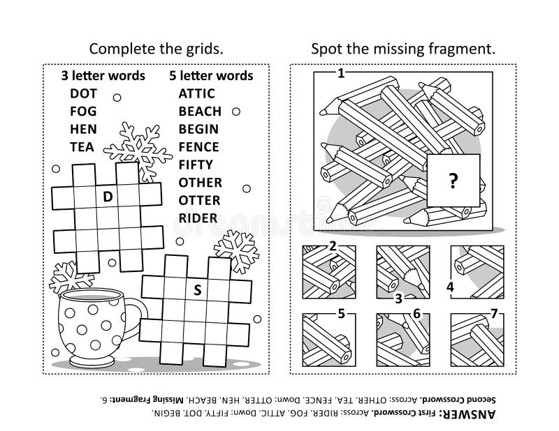 Activity page with two puzzles black and white printable answers included stock vector