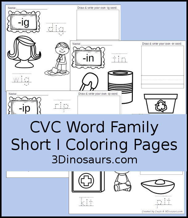 Free cvc word family coloring pages short i vowel dinosaurs