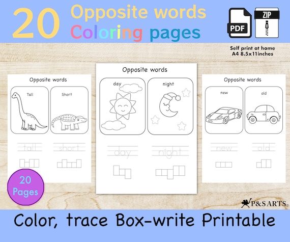 Buy learning opposite words worksheets printable cute coloring pages trace box write opposites for preschoolers online in india