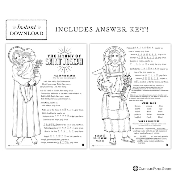 The litany of saint joseph catholic coloring pages and word game catholic saints printable coloring pages digital pdf