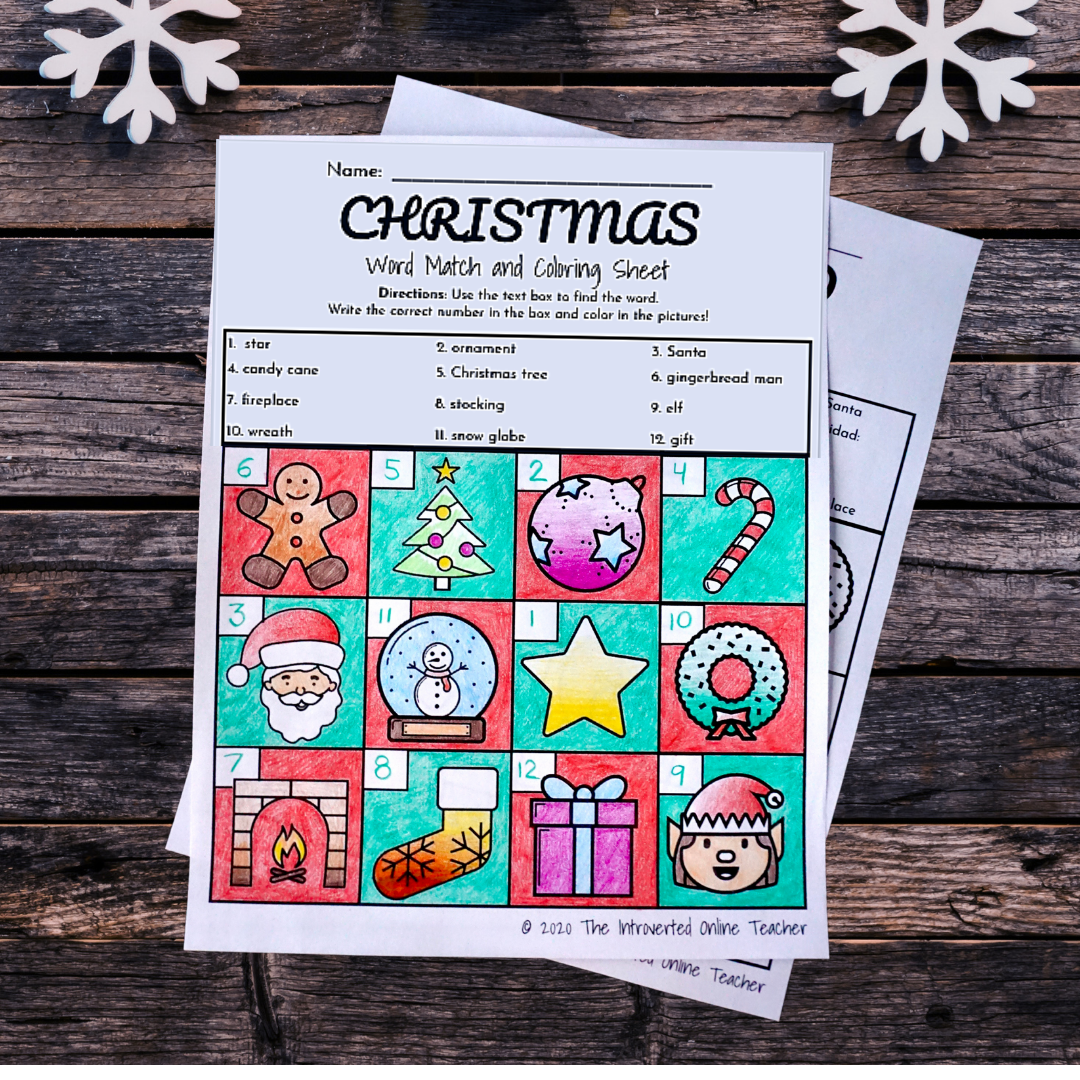 Christmas word match and coloring sheet